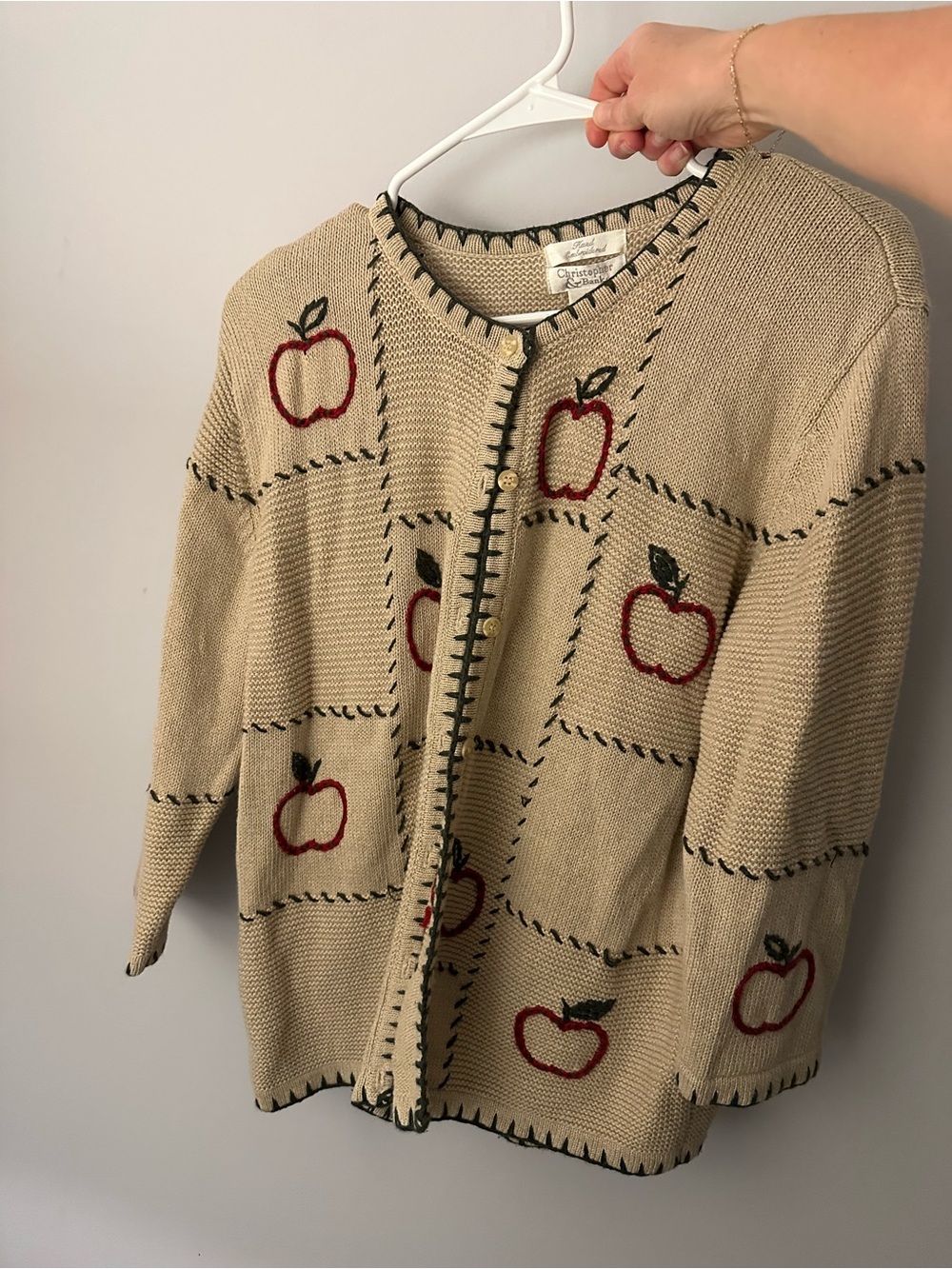 Christopher & Banks Cream Knit Cardigan with Red Apple Embroidery